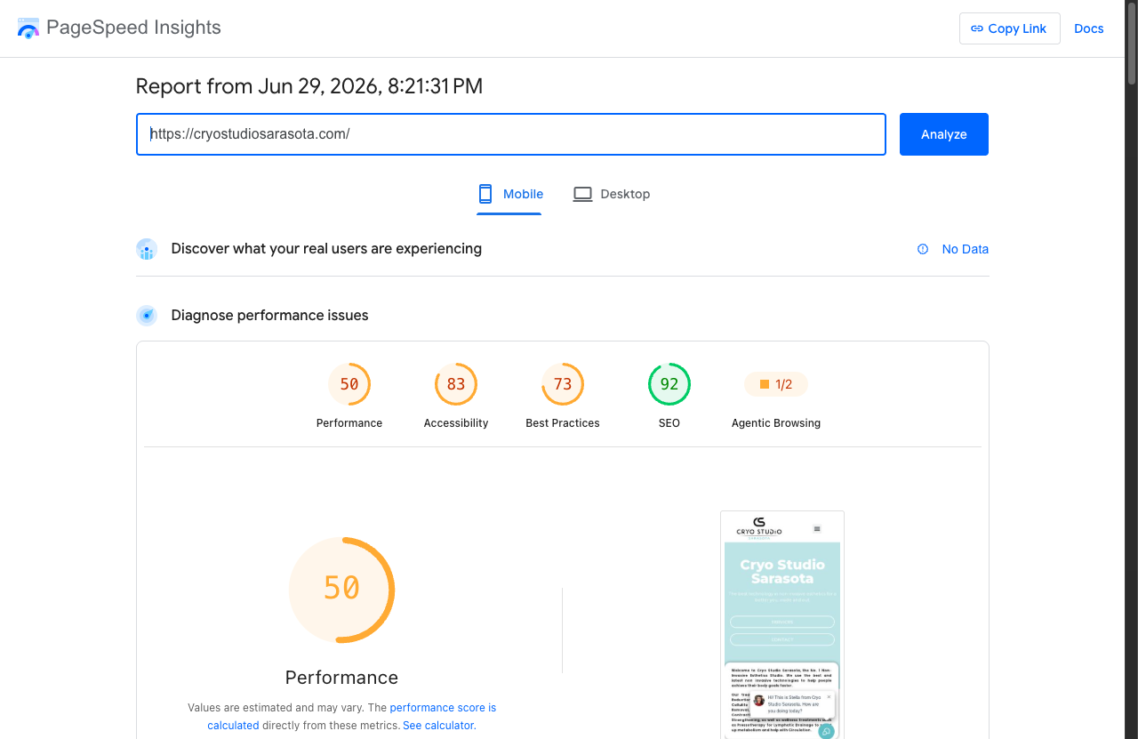 Google PageSpeed Insights showing a mobile performance score of 50